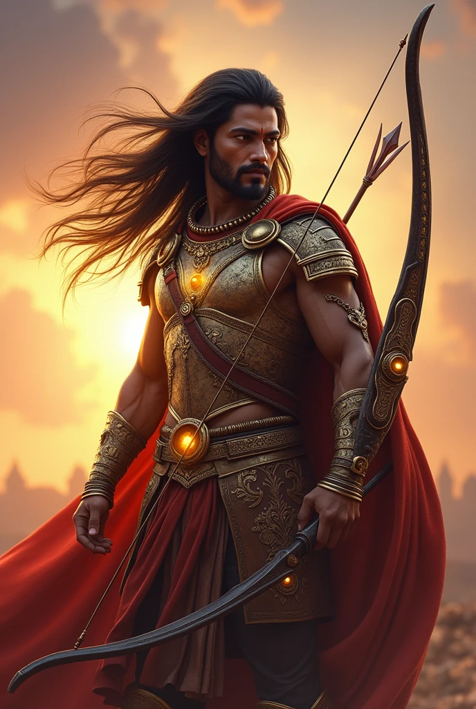 Here's a prompt with details to generate an image of Lord Karna:

"Generate an image of Lord Karna, the legendary warrior from the Mahabharata, with the following details:

- Standing pose with his iconic bow and arrow
- Wearing his signature armor with a golden breastplate and a flowing cape
- His face showing a strong sense of determination and courage
- His eyes gleaming with a fierce inner light
- His hair flowing in the wind, with a few strands framing his face
- Background: a subtle, gradient sunset with hues of orange, pink, and purple
- Lighting: warm, golden light highlighting his armor and face
- Expression: confident, fearless, and powerful

Include intricate details on his armor, bow, and arrow, reflecting his noble and heroic character."

Let me know if you need any further details!