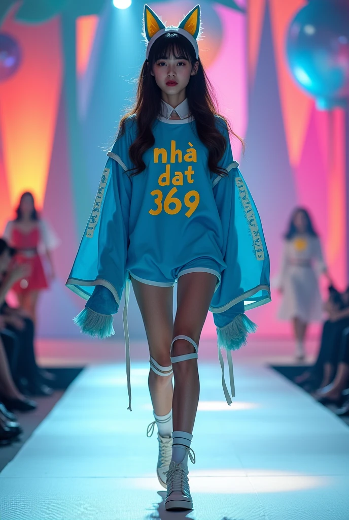 Give me an image of a girl with a lovely cat face walking the catwalk in a youthful blue outfit combined with white and yellow, on the costume there is the words Nha Dat 369, full body photo