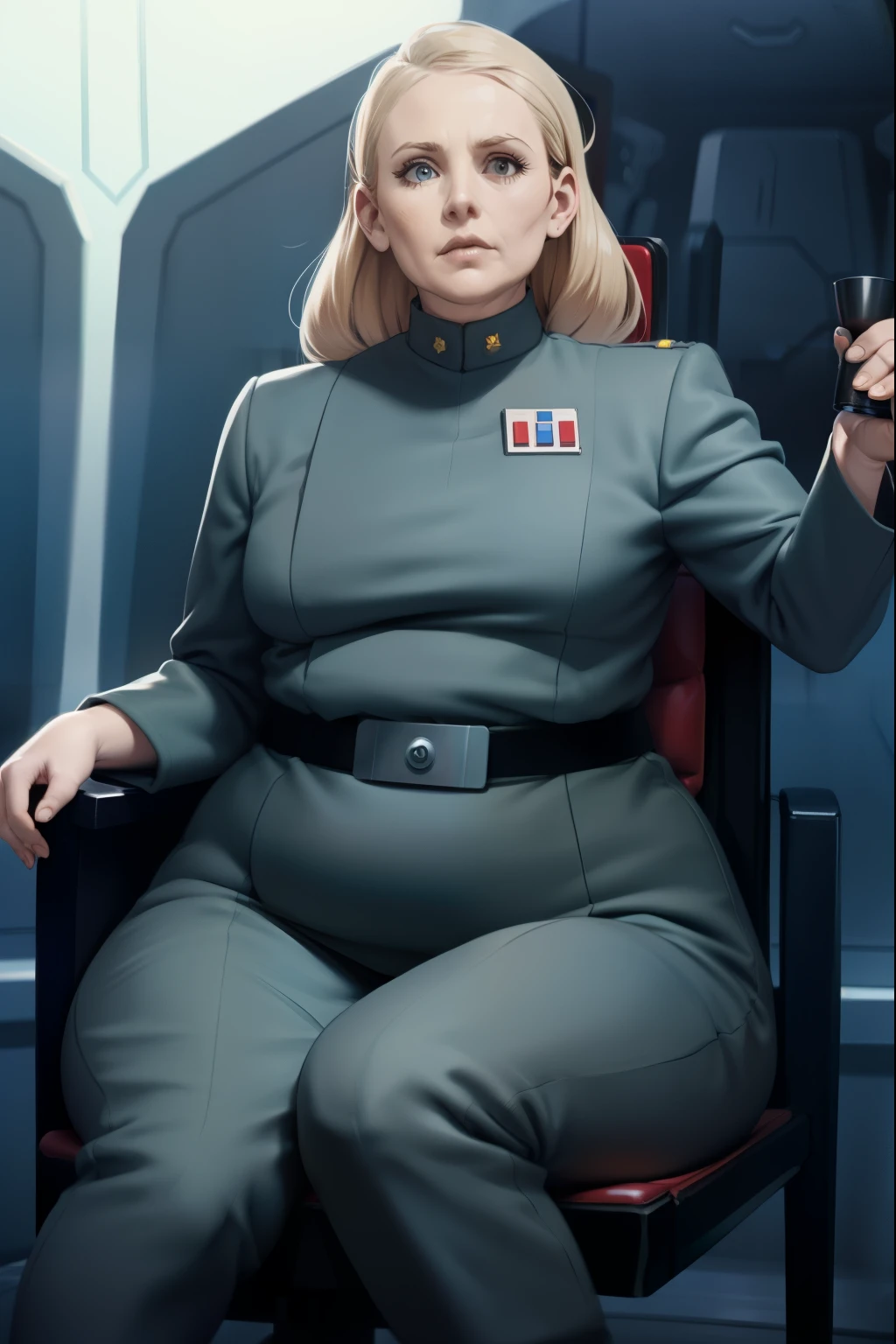 1woman, officer, too tight Imperial uniform, captain. star wars, chubby, fat, overweight, long blond hair. good lighting. tight uniform. young adult, lazy, fat, sitting in a command chair, bored, gray uniform, wide hips, tight belt, uncaring, relaxed, nonchalante.  