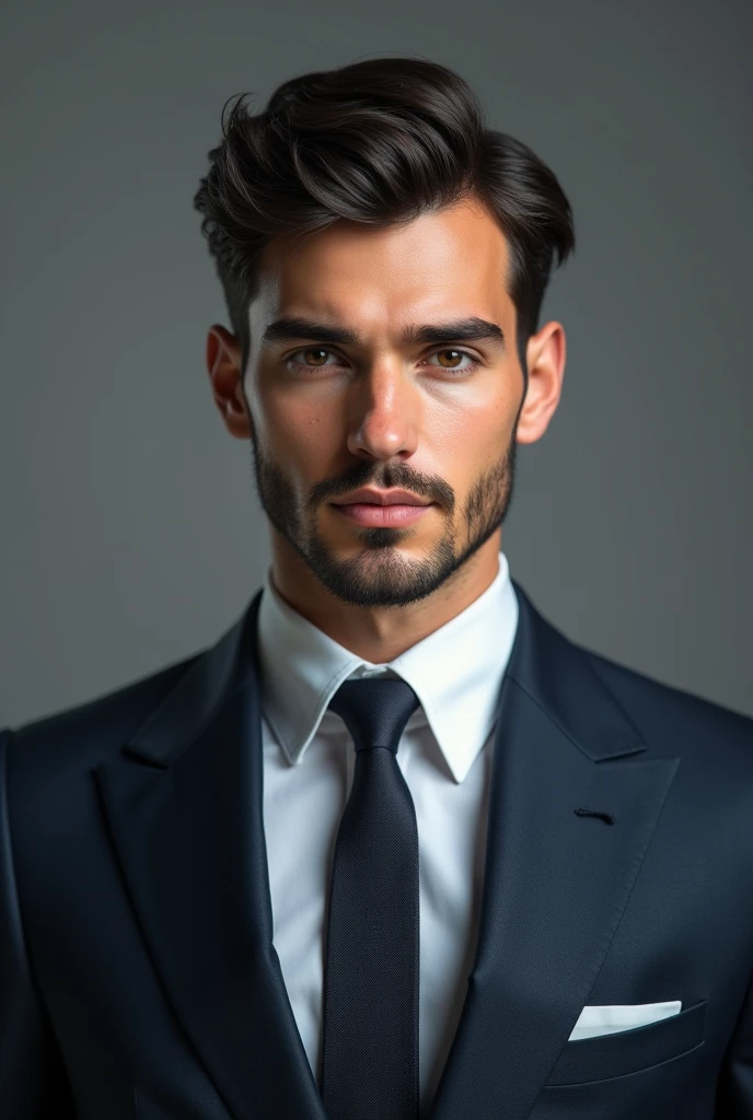 Create a hyper-realistic portrait of a young man inspired by an imagined profile with a blend of sophistication and contemporary charm. The model should have a clean, well-groomed appearance with short, neatly styled dark hair and a hint of a well-maintained beard. His facial features should be sharp and expressive, with deep-set, engaging eyes that convey confidence and intelligence. Dress the model in a high-quality, dark navy blue suit with a subtle texture, complemented by a crisp white dress shirt and a sleek tie. The background should be a muted gray with soft, diffused lighting that highlights the model’s refined features and enhances his professional yet approachable demeanor. The overall image should evoke a sense of modern elegance and self-assurance.
