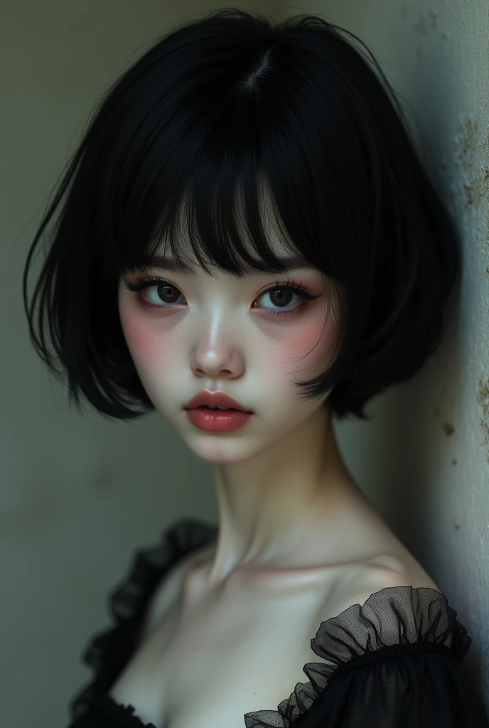 Anican lady with short, black, fleshy hair, black eyes, White skin, round cheeks