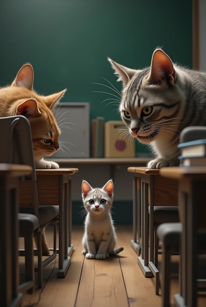 picture of a little cat being bullied by other cats in a classroom