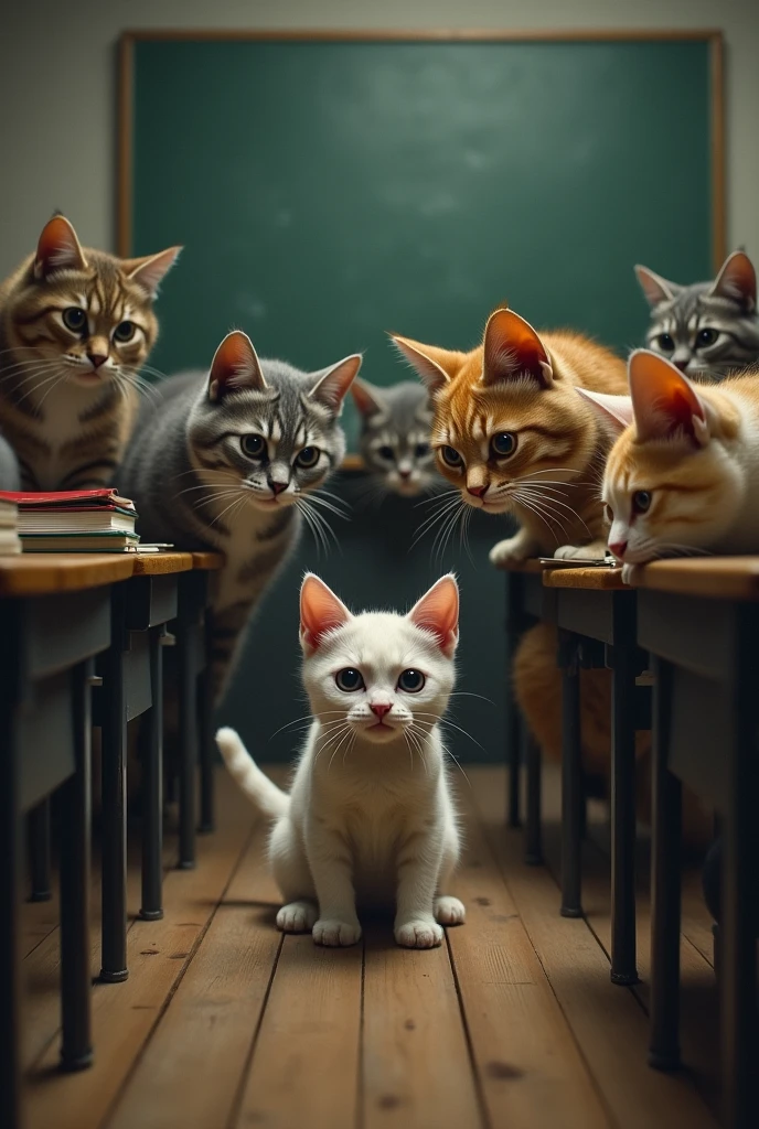 picture of a little cat being bullied by other cats in a classroom