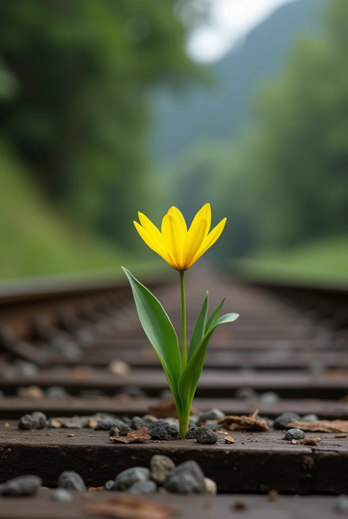 "A yellow rain lily growing alone on a railway track, symbolizing a struggle for life amidst adversity. The scene captures the natural beauty of the delicate flower standing resilient against the harsh environment of the tracks. Natural light illuminates the flower, enhancing its vibrant yellow petals and contrasting with the rugged, weathered metal and wooden background of the railway. The natural background includes hints of greenery and distant blurred surroundings, emphasizing the lily's solitary fight for survival."