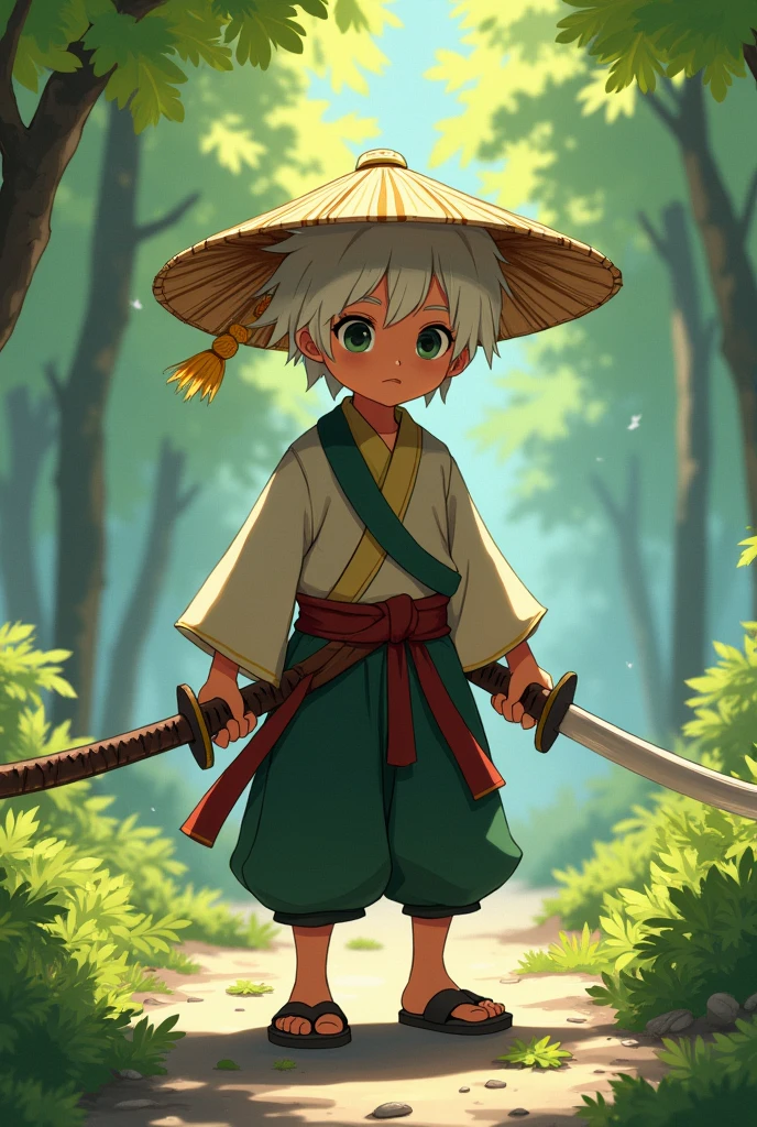 animated, boy, Ronin, double-katana, White hair, chapeau de paille de vagabond, I want the katanas back in their sheaths