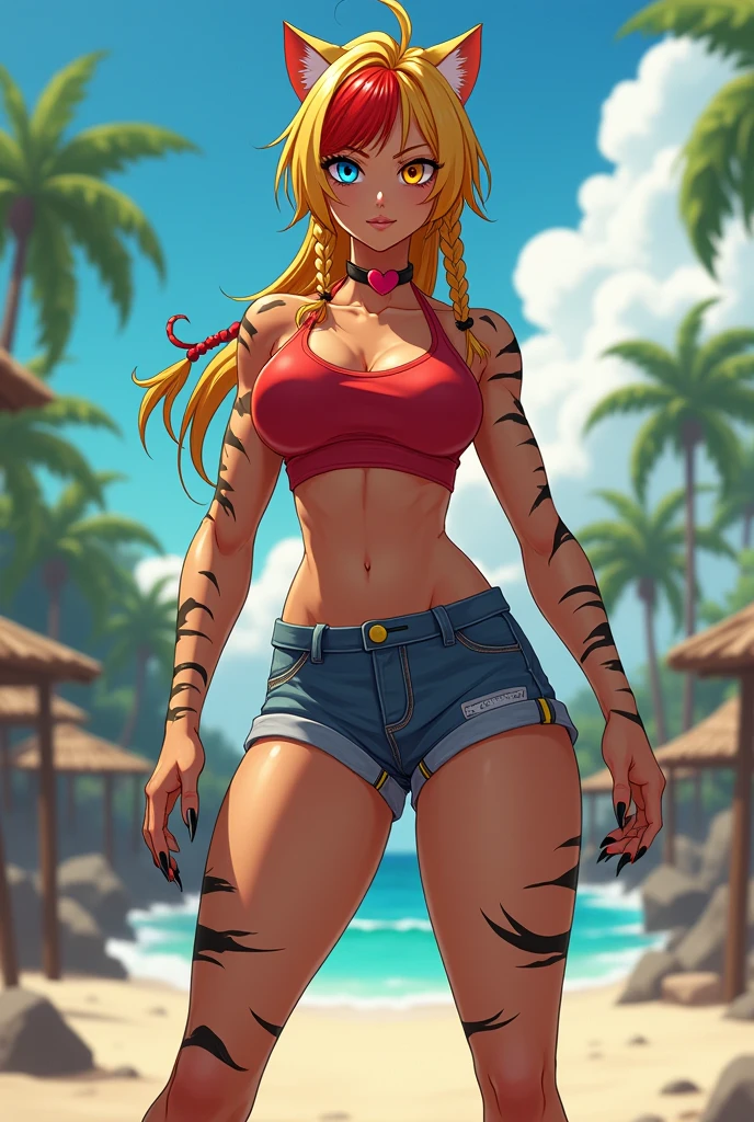 Heroine Very muscular woman body builder body of a professional fighter athletic great physical attributes brown skin with tanned tiger spots she has sun marks from her bra and thong panties in Vê, She is blonde with long hair with a single red fringe and has two long braids and cat ears., It has eyes of two different colors, the left one is pool blue and has a pool blue sclera, the right one is yellow and has a yellow sclera, both eyes have a cat's pupil, has black claws on its nails, she has a heart collar around her neck, She is wearing very typical Brazilian clothing, a red women's tank top, denim shorts and flip-flops.. Art style Vtuber 2.5D. Japanese anime art