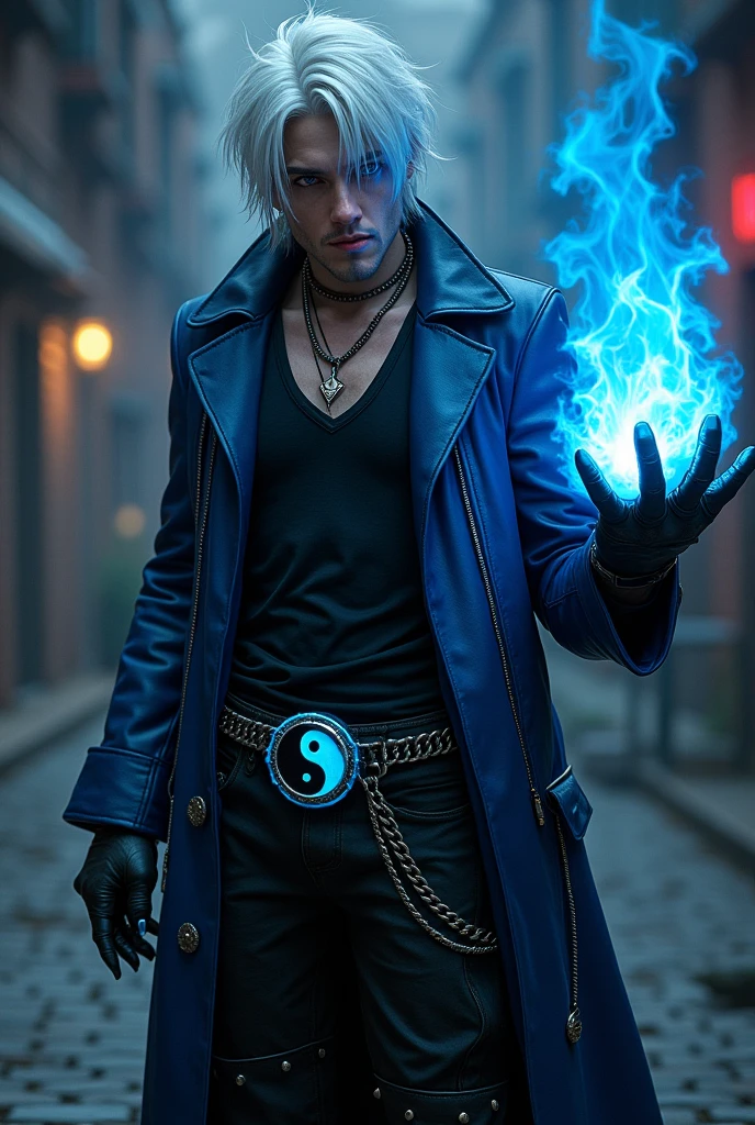 Male sexy age 25, asian-greman, crazy smile, gray eyes, white hair visual kei, evil eyes, long crazy smile, royal blue and black leather matrix gabardine open, soft black t-shirt, black cargo pants, only right arm on blue flames, cyberpunk style, belt with a blue ying yang, chains around the belt, athletic, magic powers, action, cunning look, leather black boots with metal pins, black cat nails, joker comical pose, night background, uncovered head