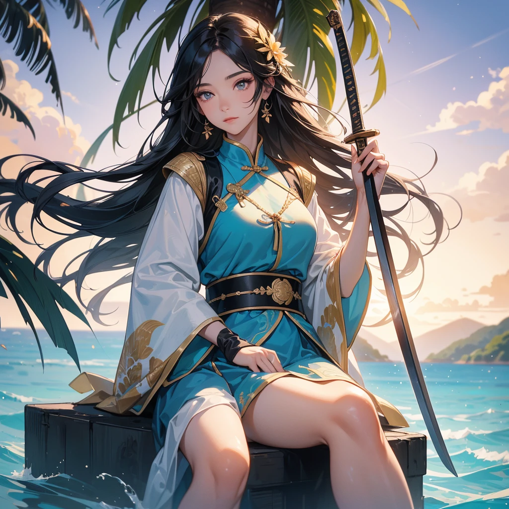 a beautiful woman black-haired female general holding a large sword in ancient Chinese general costume, sitting fishing by the blue sea under the coconut tree behind there are mountains, with low, lazily floating clouds,, sunset, close up.