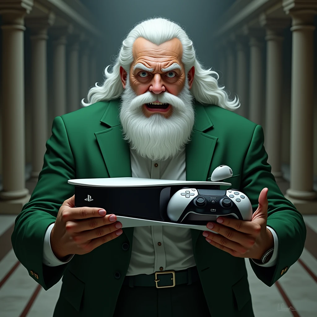 A 50 year old man, with the imposing appearance of a wise and powerful old man. He has white hair and beard, evoking the classical image of Zeus, which gives it an air of authority and grandeur. His physique is robust and muscular., showing remarkable strength. He wears a green suit that highlights his formidable presence.. With an expression of shock and fear on his face, holds the PlayStation 5 video game console in his hands, adopting a protective pose, as if he were safeguarding something unexpectedly valuable or facing a threat he had not anticipated..