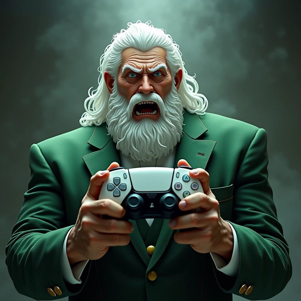 A 50 year old man, with the imposing appearance of a wise and powerful old man. He has white hair and beard, evoking the classical image of Zeus, which gives it an air of authority and grandeur. His physique is robust and muscular., showing remarkable strength. He wears a green suit that highlights his formidable presence.. With an expression of shock and fear on his face, holds the PlayStation 5 video game console in his hands, adopting a protective pose, as if he were safeguarding something unexpectedly valuable or facing a threat he had not anticipated..