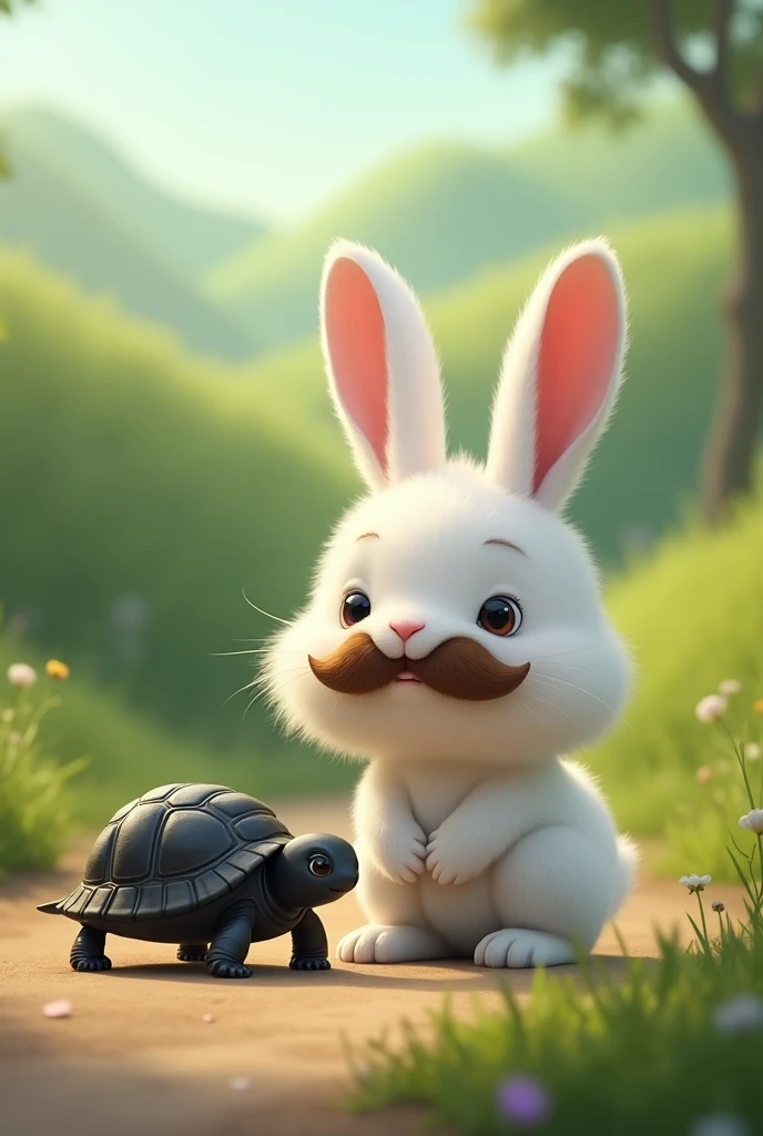 A tiny black turtle with white paws, next to a large white rabbit with ...