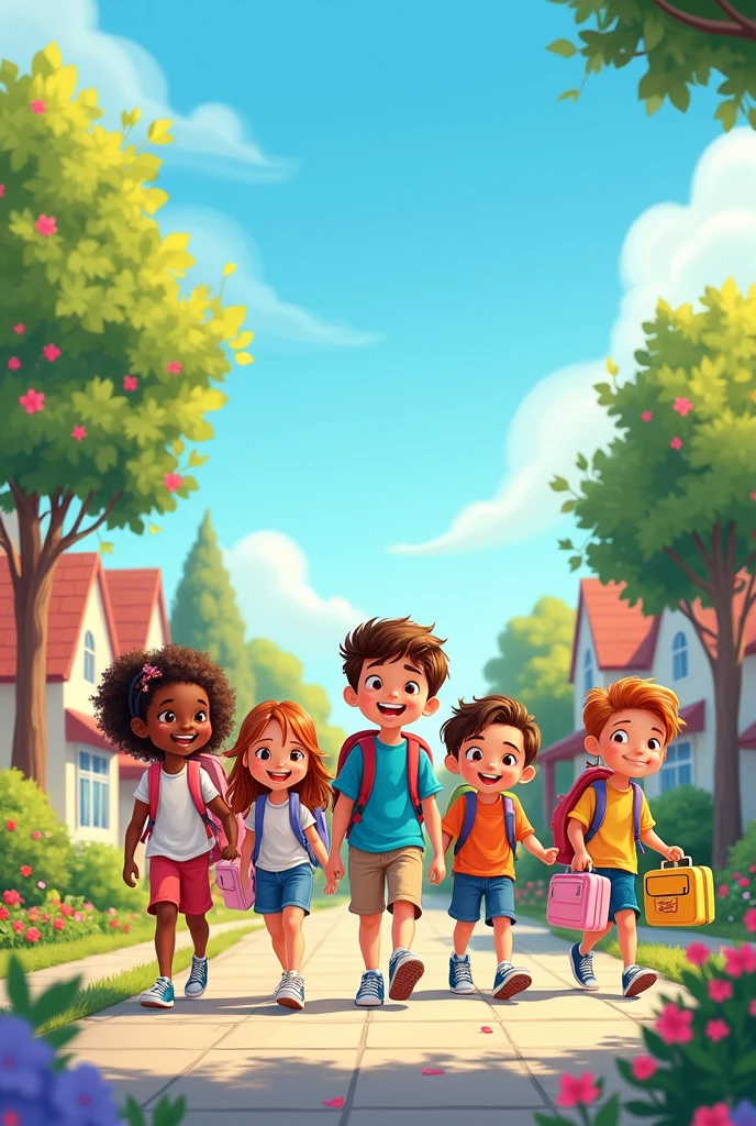 Illustration of children happily going to school on the first of September