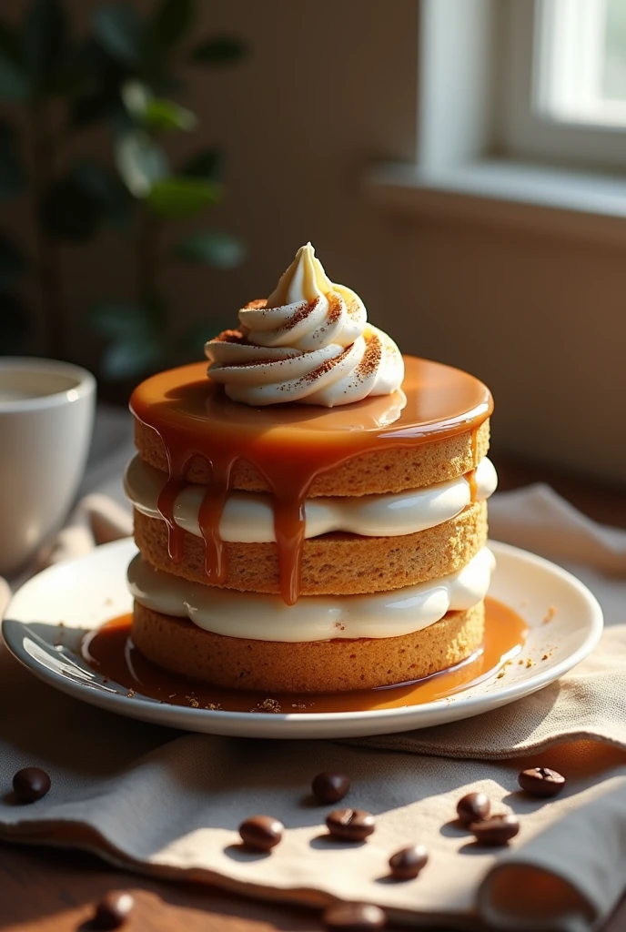 {Caramel Espresso Cream Cake} -- A sophisticated layered cake inspired by a caramel espresso latte. The cake features alternating layers of espresso-infused sponge and caramel mousse, covered in a smooth, glossy caramel glaze. The top is decorated with a swirl of whipped cream and a light dusting of espresso powder, capturing the essence of the drink. The cake is served on a rustic linen napkin, with coffee beans scattered around for added texture. The soft, golden light streaming through a window highlights the glossy caramel glaze, creating a warm and inviting scene. -- {photorealistic}, {high-resolution}, {warm and rich tones}, {luxurious cake photography}, {natural light}, {Instagram aesthetic}, {gourmet dessert experience}, {caramel and espresso elegance}