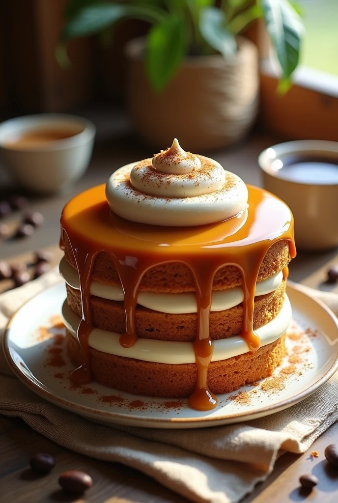 {Caramel Espresso Cream Cake} -- A sophisticated layered cake inspired by a caramel espresso latte. The cake features alternating layers of espresso-infused sponge and caramel mousse, covered in a smooth, glossy caramel glaze. The top is decorated with a swirl of whipped cream and a light dusting of espresso powder, capturing the essence of the drink. The cake is served on a rustic linen napkin, with coffee beans scattered around for added texture. The soft, golden light streaming through a window highlights the glossy caramel glaze, creating a warm and inviting scene. -- {photorealistic}, {high-resolution}, {warm and rich tones}, {luxurious cake photography}, {natural light}, {Instagram aesthetic}, {gourmet dessert experience}, {caramel and espresso elegance}
