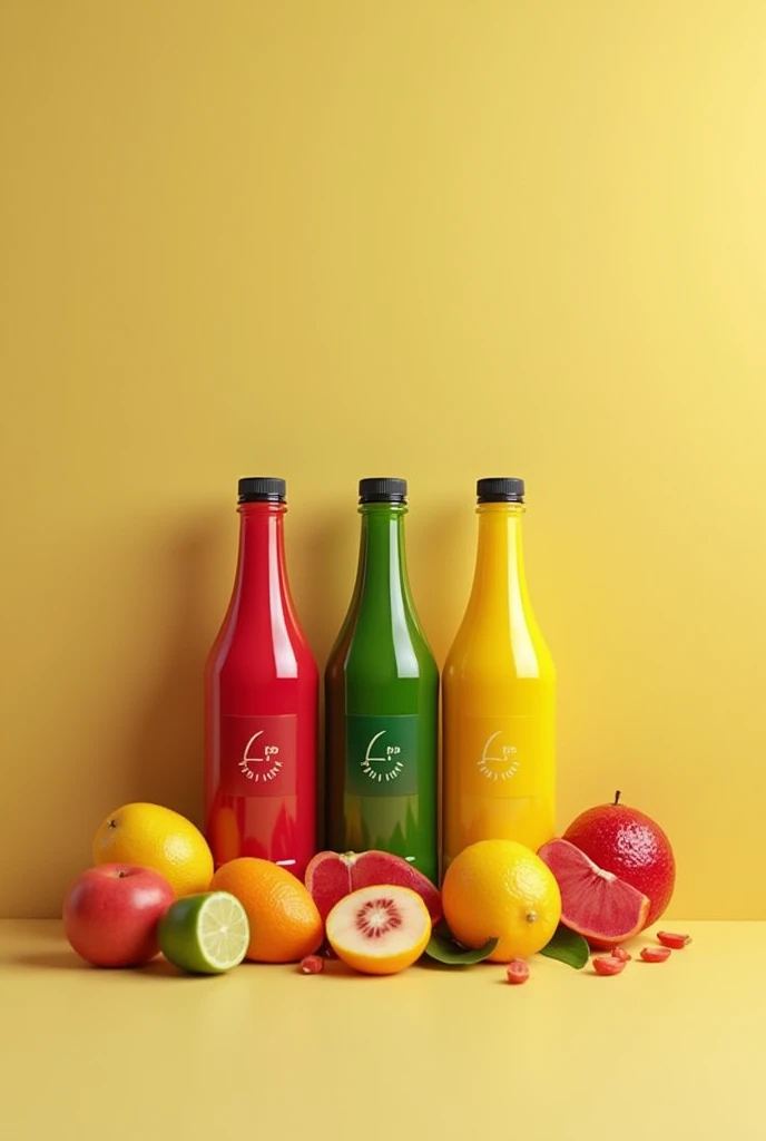 Generate me a 3d image of three bottles of juice of different colors and some fruits placed at the foot of the bottles, with the name Afrika Jus written on a label stuck on the bottles.