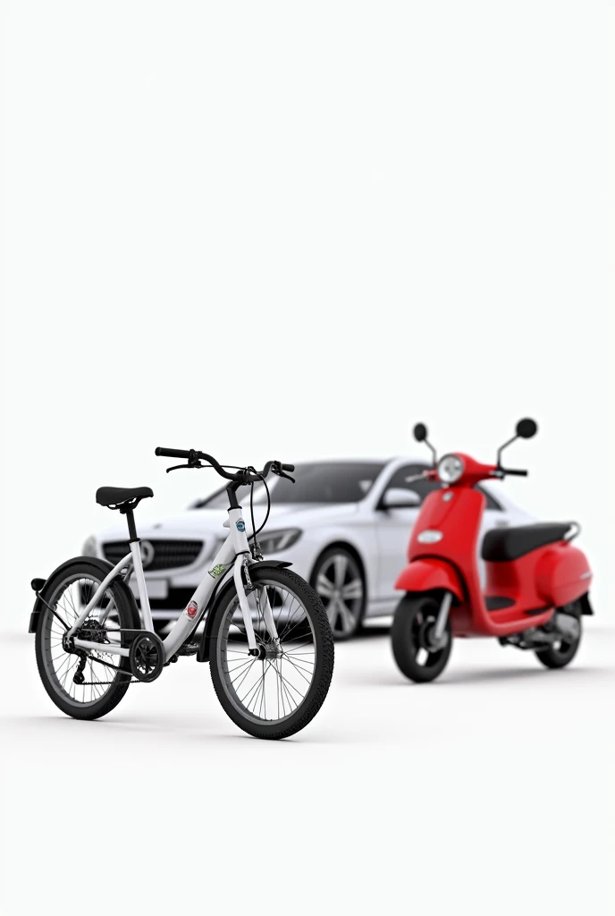 Generate 100 realistic image of bike, blur color car and red scooter which is used for advertisement in full white background.
Don't make anything blur.