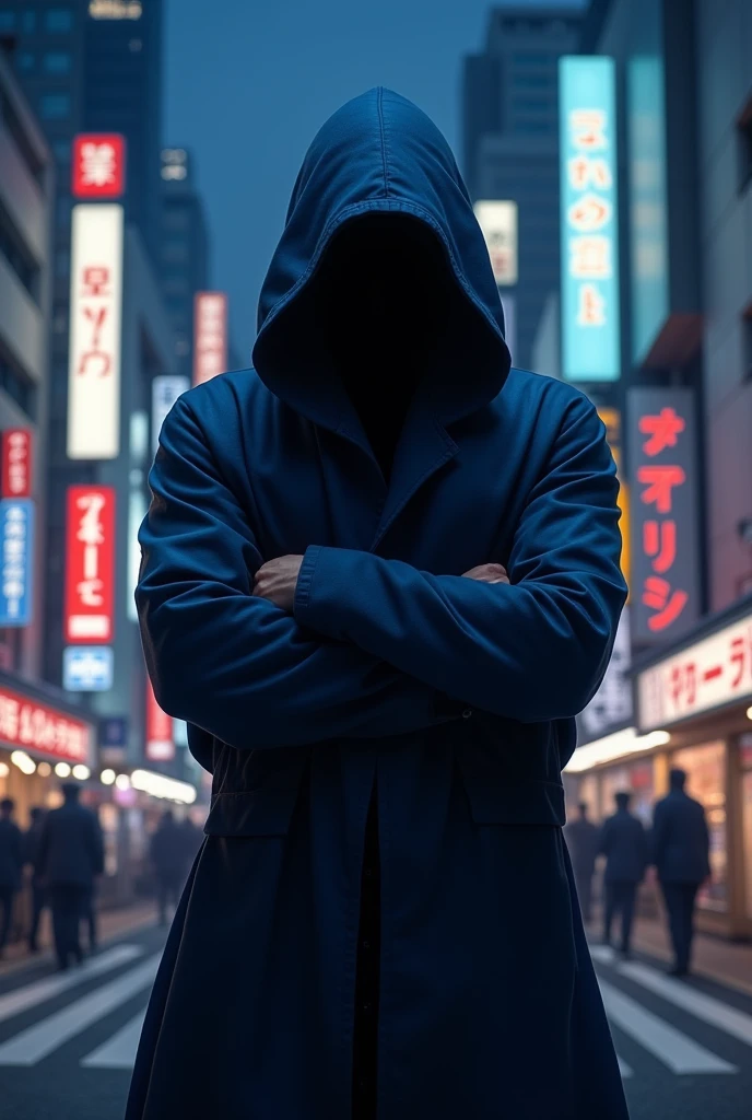 Blue hooded man standing on the street at night in tokyo folding is arms

