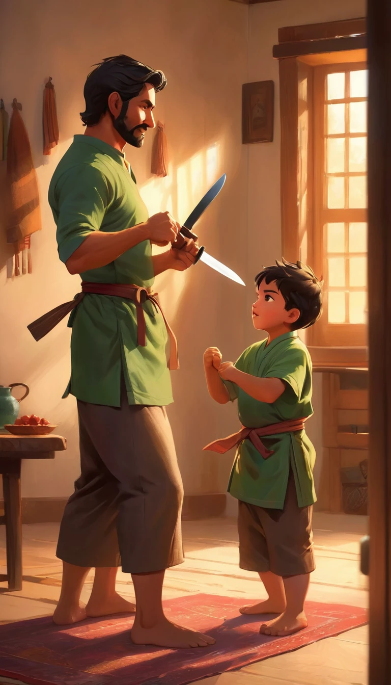 A Lesson in Attack
Description:
The father is teaching the son how to perform a simple attack move with the knife. The father stands behind the son, his arms guiding the son’s movements. The son holds the knife, his little paws gripping it tightly, his eyes focused on an imaginary target in front of him. The father’s face shows pride and affection as he watches his son, offering guidance and praise. The son looks up occasionally, smiling, clearly enjoying the attention and the lesson from his father. Their bond is evident, even though the nature of their activity is concerning.

Environment:
The room is filled with the warm light of the evening, coming through a window with simple curtains. There’s a sense of peacefulness in the home, with a small bookshelf and a family photo on the wall. The atmosphere is relaxed and familiar, contrasting with the seriousness of the knife training.

