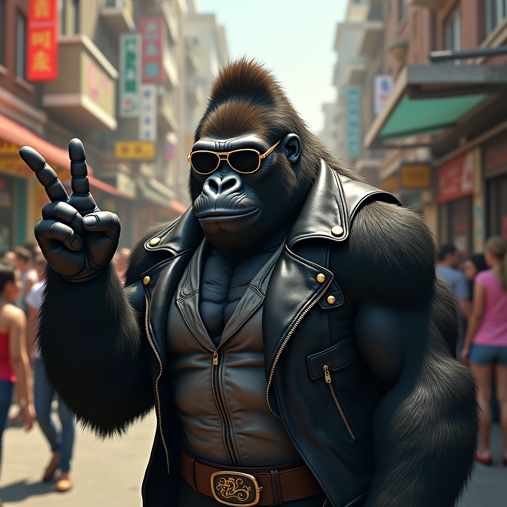 "A hyper-realistic image of a gorilla standing tall with a confident, reassuring smile. The gorilla is dressed in a skin-tight, metallic silver suit with neon accents, one hand on its hip and the other giving a thumbs-up. The background is a modern, urban setting with vibrant city lights."