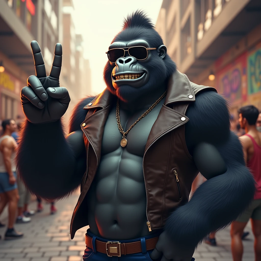 ピースサインをするイケイケゴリラ: "Create a realistic image of a gorilla with slicked-back hair, wearing aviator sunglasses, flashing a peace sign with a cheeky grin. The gorilla's casual yet stylish outfit includes a leather vest, and its pose exudes confidence. The background is a busy urban street with graffiti-covered walls and a crowd of onlookers, emphasizing the gorilla's 'cool guy' persona."