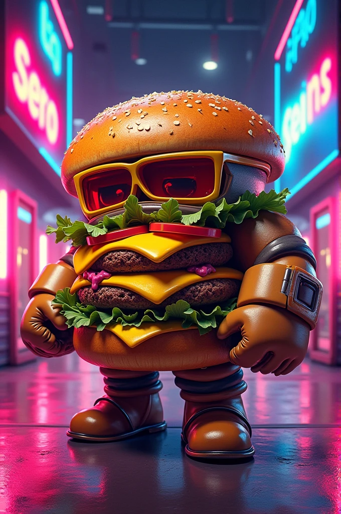 Create an 80s character ,make it a double burger