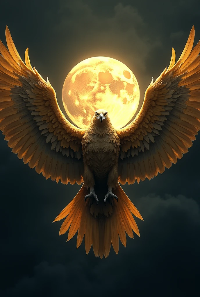 Aigle doré majestueux avec de jolies plumes ttes simples et déployant des ailes, de tel sorte que la lune reste pile au milieu de ses ailes et qu'elle soit tte entre ses ailes là
J'insiste sur la dernière partie
C'est important pour moi
Et une lune pas trop grosse
Tte
Et le déploiement des ailes doit être total
Et l'image sombre
De telle sorte qu'on puisse pas voir les pattes
Légèrement du dans les plumes seraient cool