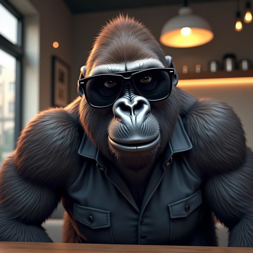 サングラスを少しずらして見るイケイケゴリラ: "Illustrate a hyper-realistic image of a gorilla in dark, wraparound sunglasses, pushing them down slightly to peer over the top with a mischievous smile. The gorilla is wearing a trendy button-up shirt, and its expression suggests it’s about to say something clever. The background is a sleek, modern café with a minimalist design, adding to the cool, urban vibe."