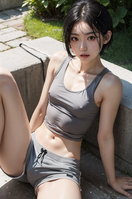 8 talents,,Grey tank top,White shorts,Flat chest,Nipples,Thighs,side,sideSweat,Sweat,Sweat染み,Leg spread,White skin,Thin arms,Soaked,Wet,Black Hair,Short Hair