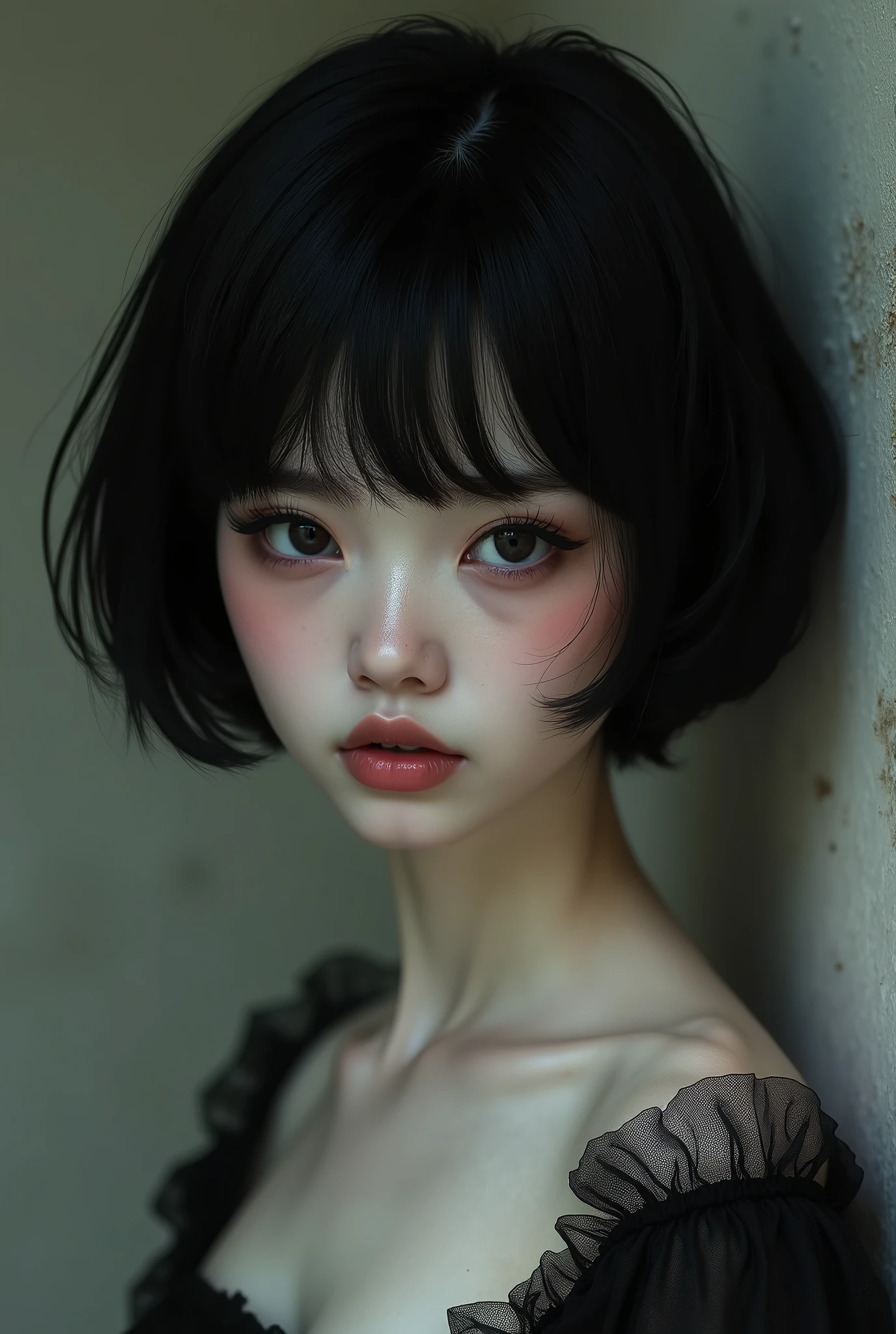 Anican lady with short, black, fleshy hair, black eyes, White skin, round cheeks