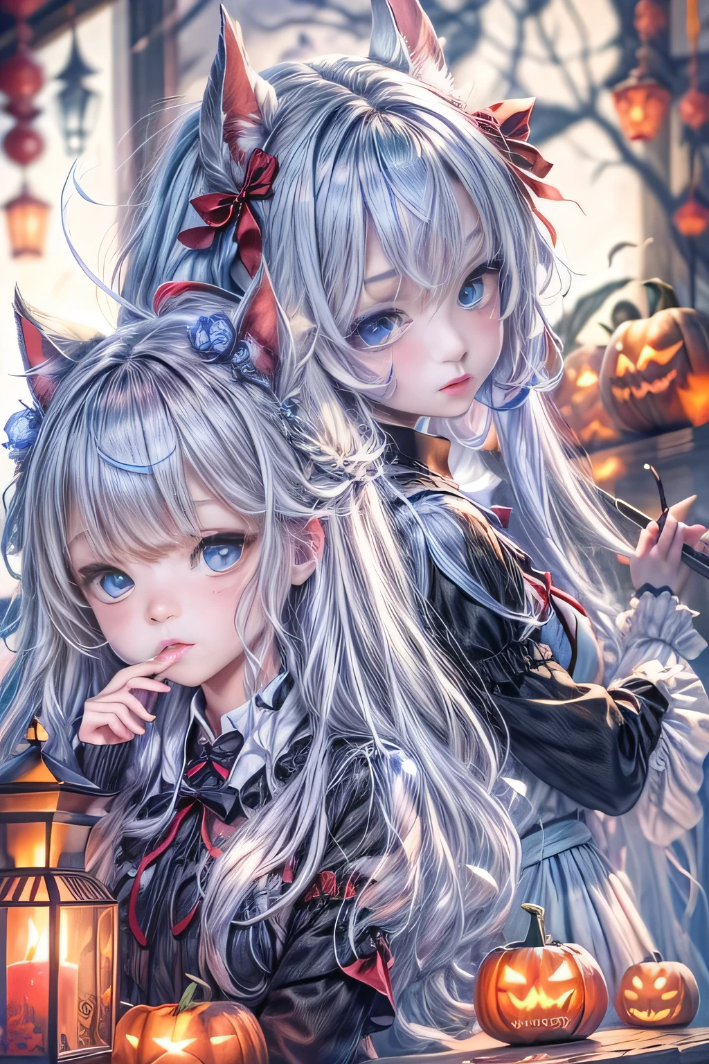 8k.Half Russian and half Japanese、Russian face、beautiful girl、princess、、Small face、Young face、Big eyes、Skinny、Small breasts、(((Silver Hair、Silver Hair)))、With bangs、(((High resolution big beautiful light blue eyes, )))、Long Straight、(((Red ribbon in hair、Floral decoration)))、Partially braided、Japanese school uniform、Gray school uniform、Red bow tie、A girl surrounded by a fantastic blue flame,(Girl with big bat wings)、2 people、twins、ヴァンパイアのprincess、(Sharp Fangs)(Blood dripping from fangs)、Blue flame aura all over the body、Runaway girl、Manipulate countless pale fire balls、、Halloween Costumes, Pointy hat、Decorated pumpkins with intricate haunted house motifs.black magic、magic circle、((Illuminated shadow of a bat on a cloud))、Old clock tower、fantasy landscape、A blue light emanates from her chest and spreads through her veins、Blue Flame Fantasy、Halloween Master、(((A glowing blue cat with bat wings)))、2Animals、Swarm of bats、central、god々Successfully、Building district、skyscraper