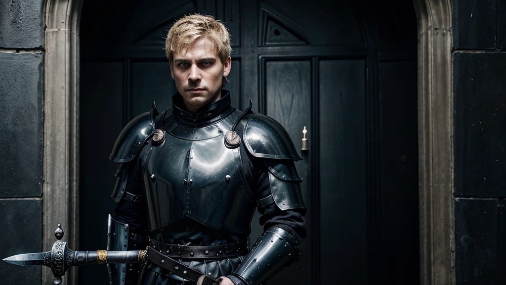 a simple guard in a gothic based theme, guarding a colossal metal palace door, holding a sword behind his back, wearing black armour with a hint of blue, blue eyes, with blonde short hair and no beard