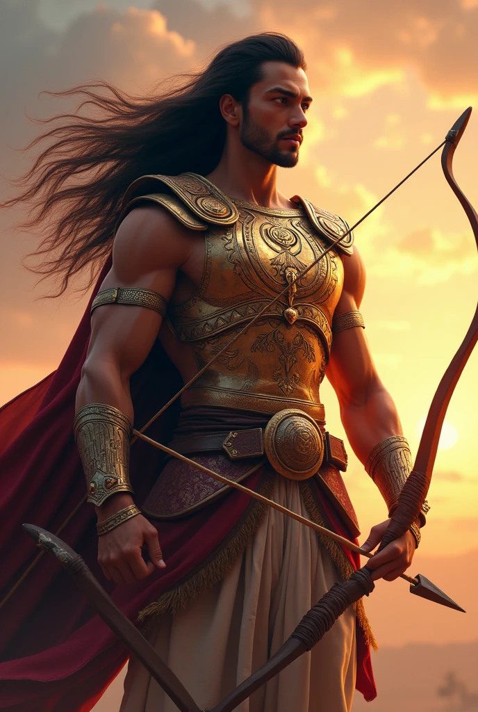

"Generate an image of Lord Karna super ultra hd quality animated, the legendary warrior from the Mahabharata, with the following details:

- Standing pose with his iconic bow and arrow
- Wearing his signature armor with a golden breastplate and a flowing cape
- His face showing a strong sense of determination and courage
- His eyes gleaming with a fierce inner light
- His hair flowing in the wind, with a few strands framing his face
- Background: a subtle, gradient sunset with hues of orange, pink, and purple
- Lighting: warm, golden light highlighting his armor and face
- Expression: confident, fearless, and powerful

Include intricate details on his armor, bow, and arrow, reflecting his noble and heroic character."

Let me know if you need any further details!