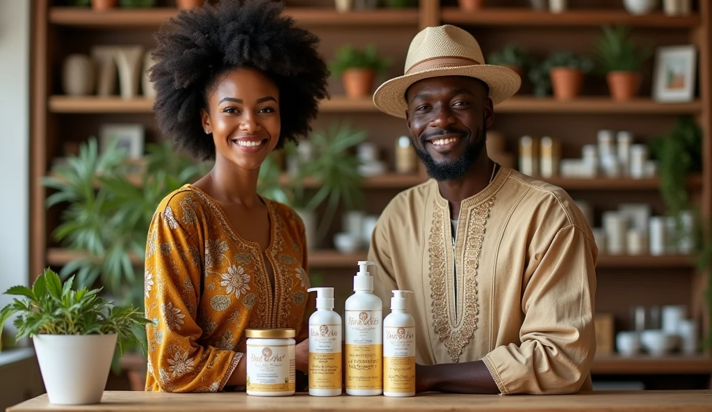 A desktop background image of a Nigerian woman and man with natural health herbal products in pharmacy