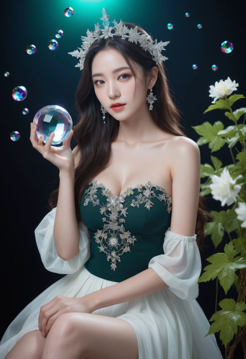 (female 1명:1.2),Chinese girls,Stars in the Snow,(short skirt:1.4),(female 1명:1.3),masterpiece,high quality,female 1명,extremely detailed,(fractal art:1.3),fancy,most detailed,(Chiffon, Body Painting:1.2),8k,digital art,Macro Photography,Quantum Dot,sharp focus,dark shot,cinematic,Microworld,femur,(upper femurs shot:1.2),front view,(pure girl:1.1),(White dress:1.1),(whole body:0.6),흩어져있는 shining flower잎이 많이 있습니다,bubble,contour deepening,(White_background:1.1),cinematic angle,underwater,Attached,Green long mountain,2 girl,jewel류,earring,Lips,assembly,portrait,eye shadow,realistic,nose,{{best quality}},{{masterpiece}},{{very detailed}},{illustration},{detailed light},{very delicate and beautiful},female,{beautiful and delicate eyes},Stars in the Snow,Messy floating hair,colored inner hair,별이 shining 하늘이 머리카락을 장식합니다,depth of field,big bust,split,hazy,There are no humans,traditional media,jewel,crystal,still life,Dance,Sympathy,all the colors of the rainbow,halo,cable,realistic,laugh,manicure,Lips,seat,very long hair,flower,zj,simple background,shining,hazy,There are no humans,depth of field,black background,jewel,crystal,realistic,red jewelstone,still life,wing,jewel female 1명,Dark Fairy Witch Spirit Forest with Magic Ball on Fairyland Collection Crystal Stone Figurine,hand,femurhighs,jewel,