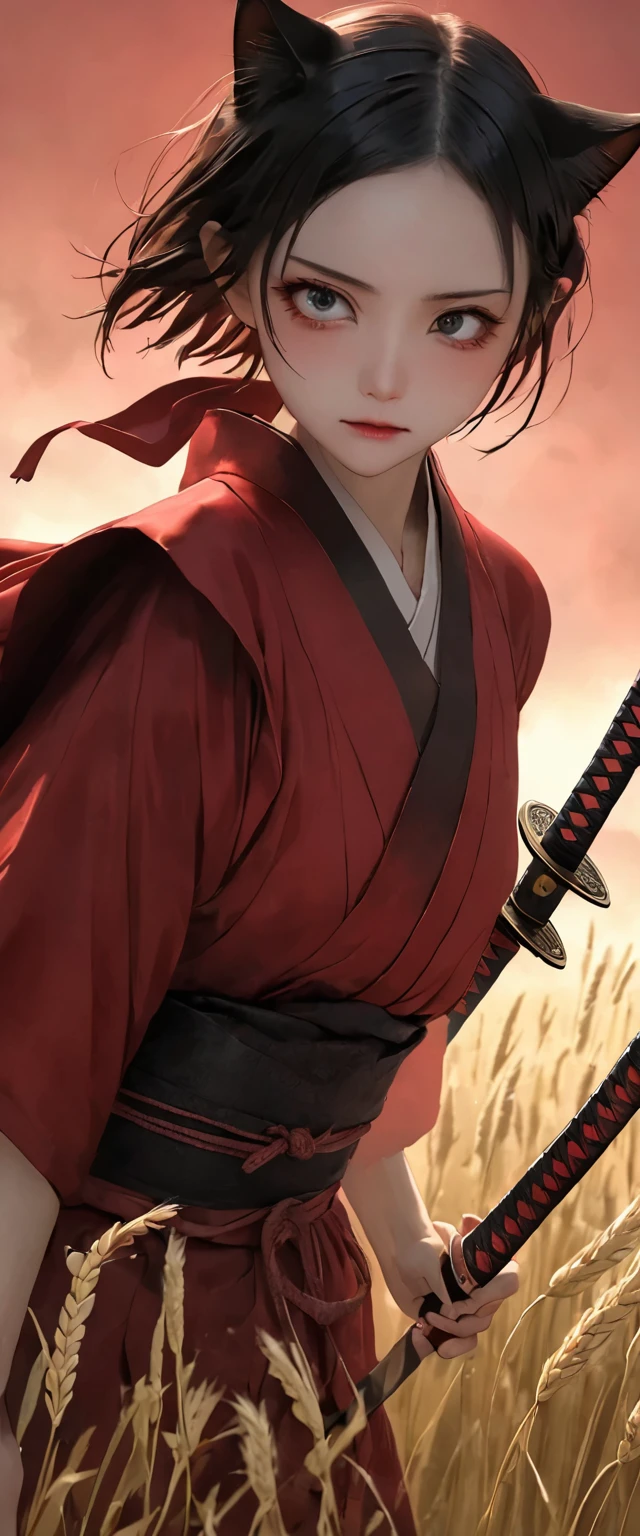 3DCG。Photorealistic Skin。A woman is wearing a samurai outfit of shiny scarlet silk。Lantern。Crouching。Messy red short hair。forehead。Cat ear。 White Wheat Field。A world of thick fog,。Bust Shot。Dark Eyes。clothes are blowing in the wind。Serious expression。Katana on the back。Many small lanterns are floating。alone。Neo Tokyo。Japan。Red Sky。Chiaroscuro,