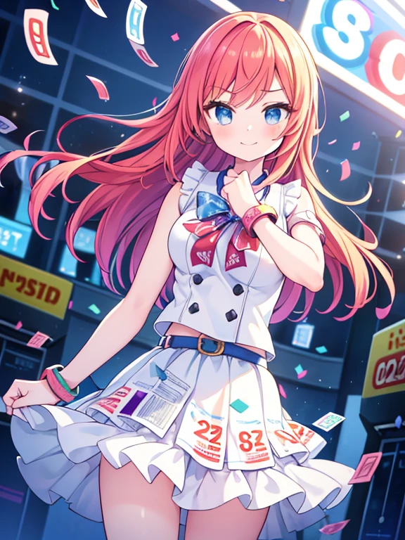 1girl, cute, {((lottery tickets)), jackpot in the lottery}, (delighted:1.3), (fist pump:1.3), Bills flying, confetti, cowgirl shot, ((best quality), (masterpiece:1.2), (extremely detailed)), perfect face, perfect arms, perfect hands, perfect fingers, anime, ultra-fine illustration, vibrant colors, dramatic lighting, (photorealistic:1.37),