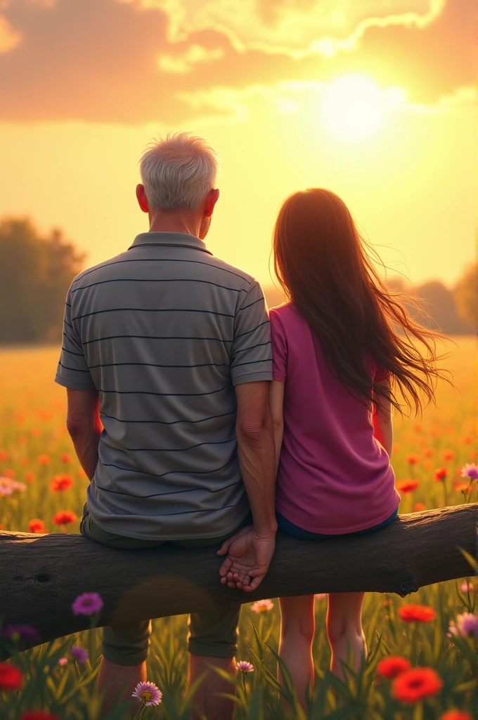 Create a tattoo design featuring a  granddaughter and her grandfather sitting on a cut tree branch in an open field. Only their backs are visible, with the granddaughter on the left side and the grandfather on the right. The grandfather is wearing a gray polo shirt with thin black stripes, while the granddaughter is in a magenta shirt. The granddaughter’s height reaches only up to her grandfather’s elbow. Nearby, there are flowers and the sun. The granddaughter’s straight hair extends to her elbows and appears slightly swayed by the wind on her left side.