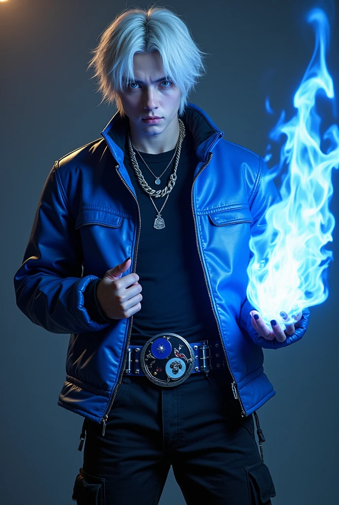 Male sexy age 25, asian-greman, crazy smile, gray eyes, white hair visual kei, evil eyes, long crazy smile, royal blue and black leather matrix gabardine open, soft black t-shirt, black cargo pants, only right arm on blue flames, cyberpunk style, belt with a blue ying yang, chains around the belt, athletic, magic powers, action, cunning look, leather black boots with metal pins, black cat nails, comical pose, night background, uncovered head