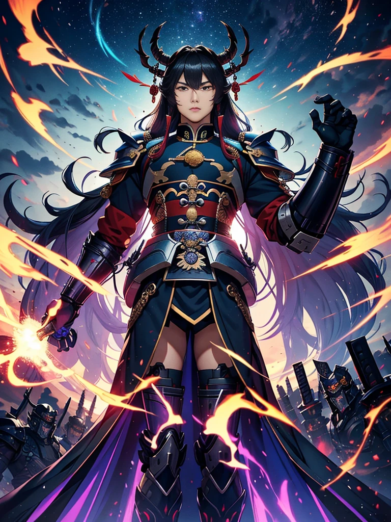 Take ultra-wide-angle photos, Full frontal photo,Mecha male warrior,สไตล์ฮีโร่สีThree Kingdoms: deep purple dress》,(《Three Kingdoms》,《Sima Yi》,magic weapon in hand ((Lu Bu's Revenge)),),(Mechaทั้งตัว), Keqing from Genshin Impact, (Masterpiece) , best quality, High quality,black armor,light, (exquisite futuristic), beautiful and beautiful, very detailed, Great composition, floating, depth of field, (The CG is very detailed.,Harmony wallpaper 8K), (Beautiful detail background), Stunning light, Goghetta, Mecha,best quality,Ultra high resolution,