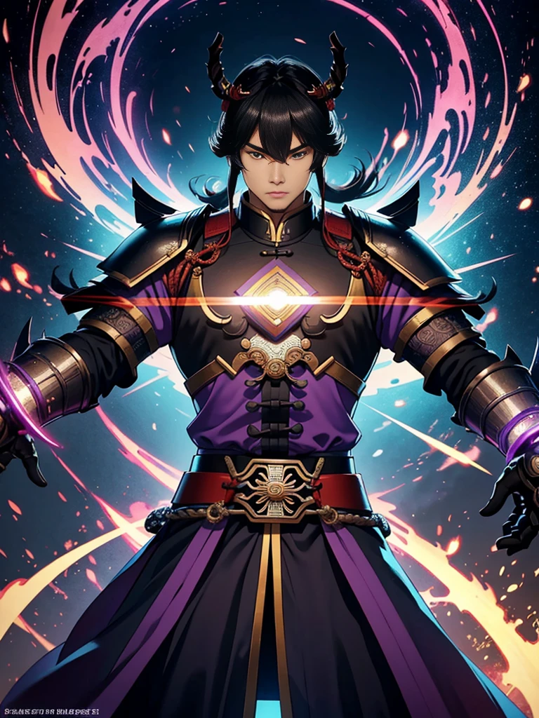 Take ultra-wide-angle photos, Full frontal photo,Mecha male warrior，สไตล์ฮีโร่สีThree Kingdoms: deep purple dress》，（《Three Kingdoms》，《Sima Yi》，magic weapon in hand ((Lu Bu&#39;s Revenge))，），（Mechaทั้งตัว）, Keqing from Genshin Impact, (Masterpiece) ， best quality， High quality，black armor，light， （exquisite futuristic）， beautiful and beautiful， very detailed， Great composition， floating， depth of field， （The CG is very detailed.，Harmony wallpaper 8K）， （Beautiful detail background）， Stunning light， Goghetta， Mecha，best quality，Ultra high resolution，