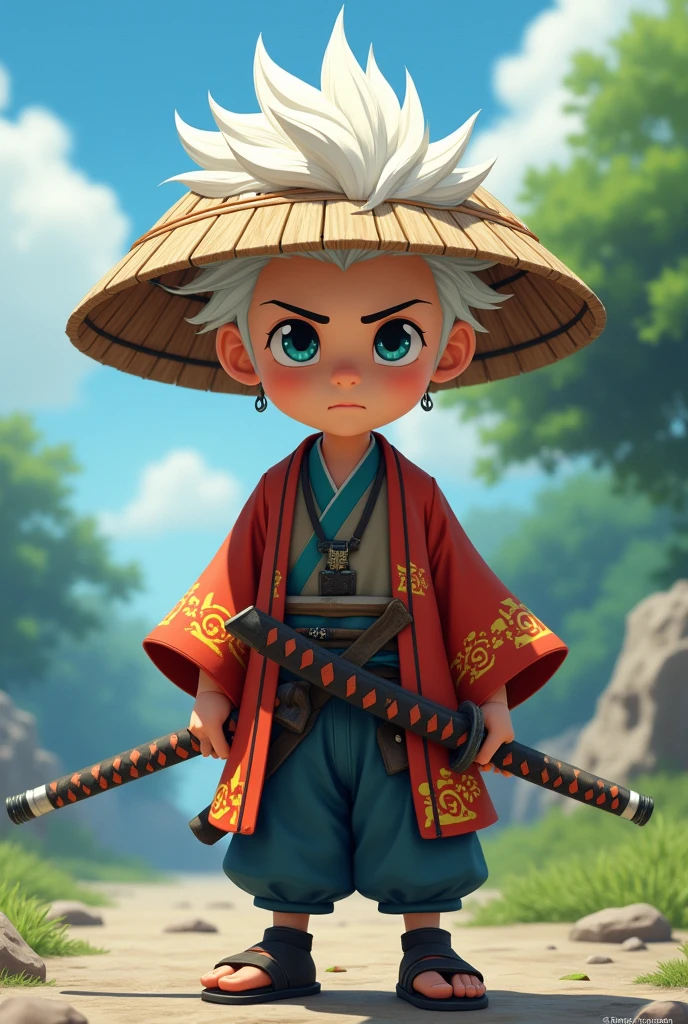 animated, boy, Ronin, double-katana, White hair, cone hat , I want the katanas back in their sheaths