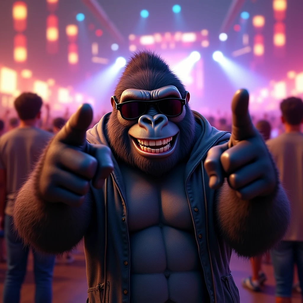 指で銃を作っているイケイケゴリラ: "A detailed and realistic close-up of a gorilla wearing dark sunglasses, pointing finger guns playfully at the camera with a wide grin. The gorilla is dressed in a casual, yet fashionable outfit, with a loose-fitting hoodie and jeans. The background is a bustling music festival with lights flashing and a crowd dancing, enhancing the fun, carefree vibe."