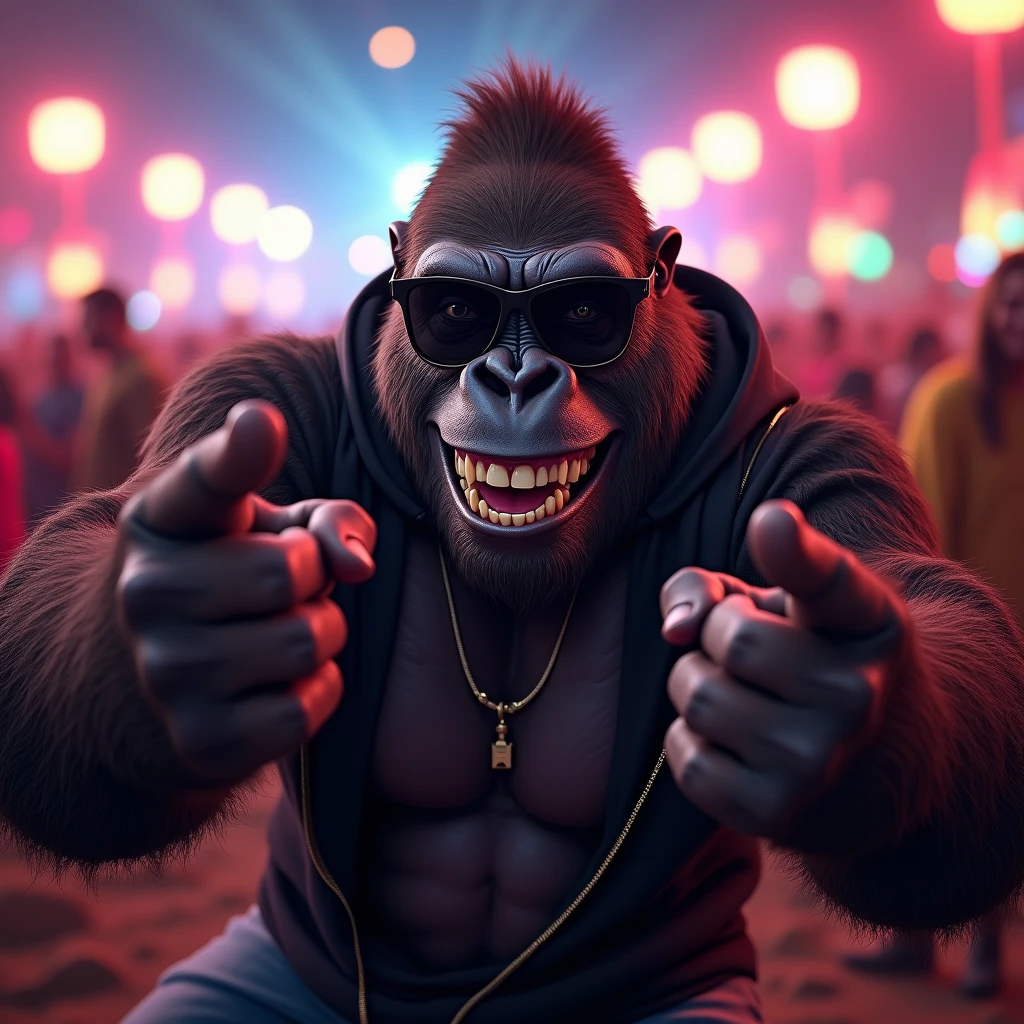 指で銃を作っているイケイケゴリラ: "A detailed and realistic close-up of a gorilla wearing dark sunglasses, pointing finger guns playfully at the camera with a wide grin. The gorilla is dressed in a casual, yet fashionable outfit, with a loose-fitting hoodie and jeans. The background is a bustling music festival with lights flashing and a crowd dancing, enhancing the fun, carefree vibe."