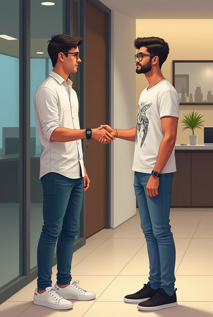 Two young men are waiting for their girlfriends in the reception area of the office. One young man is wearing a white printed shirt, jeans, white shoes and smart watch and the other one is wearing a white full sleeve T-shirt, jeans, glasses and black sneakers. His girlfriend comes there wearing a white Indian suit, black pallu, white shoes and specs. Then she shakes hands with both the boys.