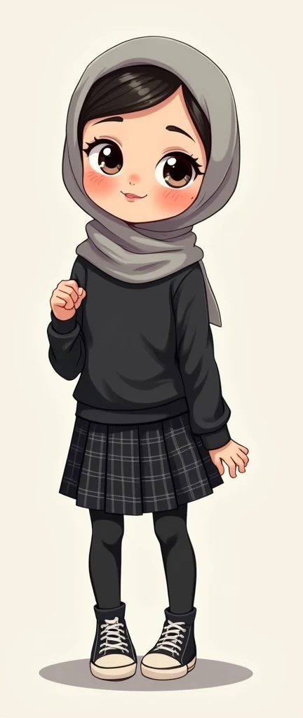 Cartoon with text: 
(Masterpiece, best quality, 4k, expressive eyes, perfect face), cute and adorable girl,  cartoon girl, (beautiful face, detailed eyes), wearing grey hijab, (flat style,, hand drawn style, 2d style, Cartoon artstyle, toon style), (tight black turtleneck sweater, black plaid skirt, black pantyhose, loose black socks, long sneakers, (full body view, funny pose)