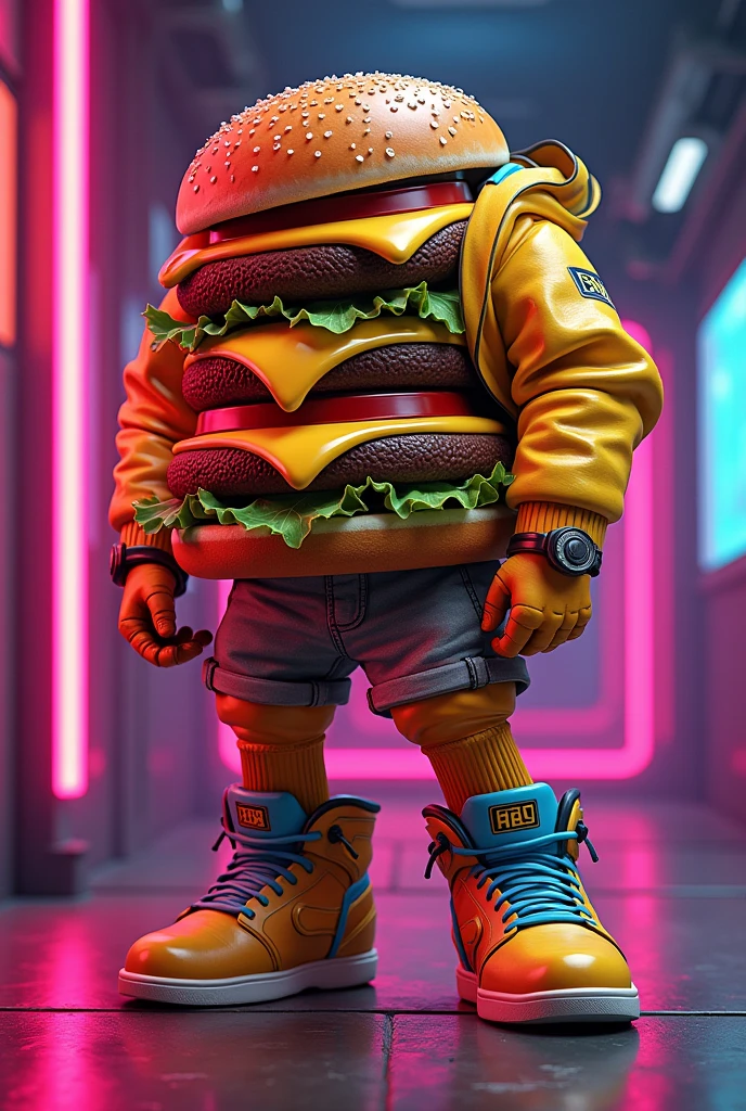 Create an 80s character ,make it a double burger