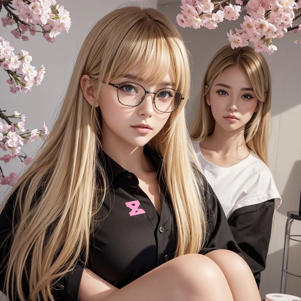 create a logo for a young woman for me, Her eyes are light brown, she is very beautiful, blonde with yellowish golden hair, of the golden hair with bangs, smooth ass, far away, rounded face, black eyebrow, she wears transparent brown square glasses, the environment is a beauty and cosmetics studio, has a cherry tree as decoration, and the logo has pink and black colors, She is wearing a lab coat and on her lab coat she has her name ERIKA BARROS