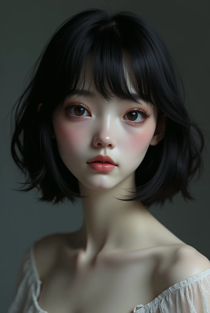 Adult lady from Anica with short black and fleshy hair, black eyes, White skin, round cheeks