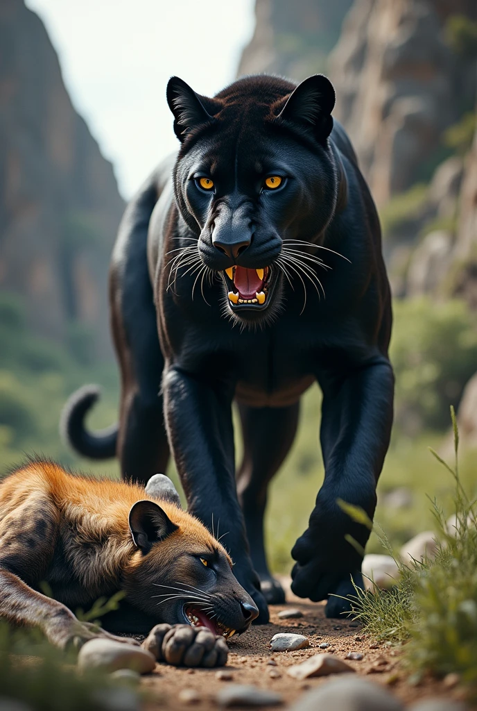 Black panther versus hyena but The Hyena is defeated and sleeping Dead on the floor 