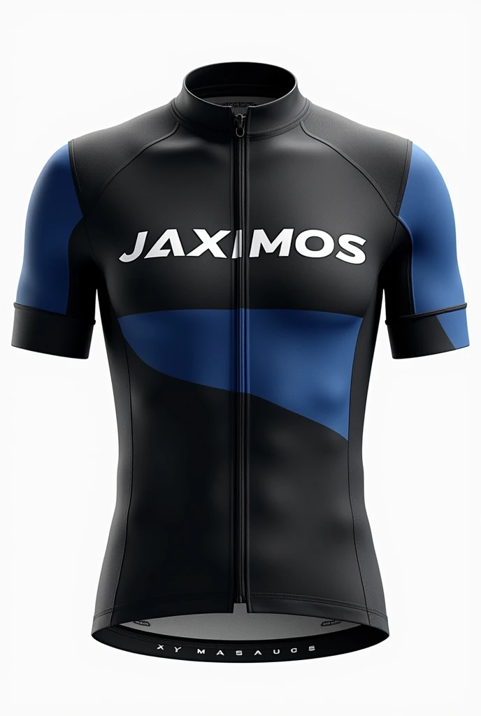 Create a cycling jersey, black, navy blue and gray with the name Jaximos, representing our pedal group. Mountain Bike